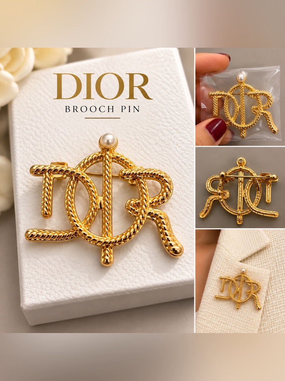 Gold-Tone Monogram Brooch Pin with Faux Pearl